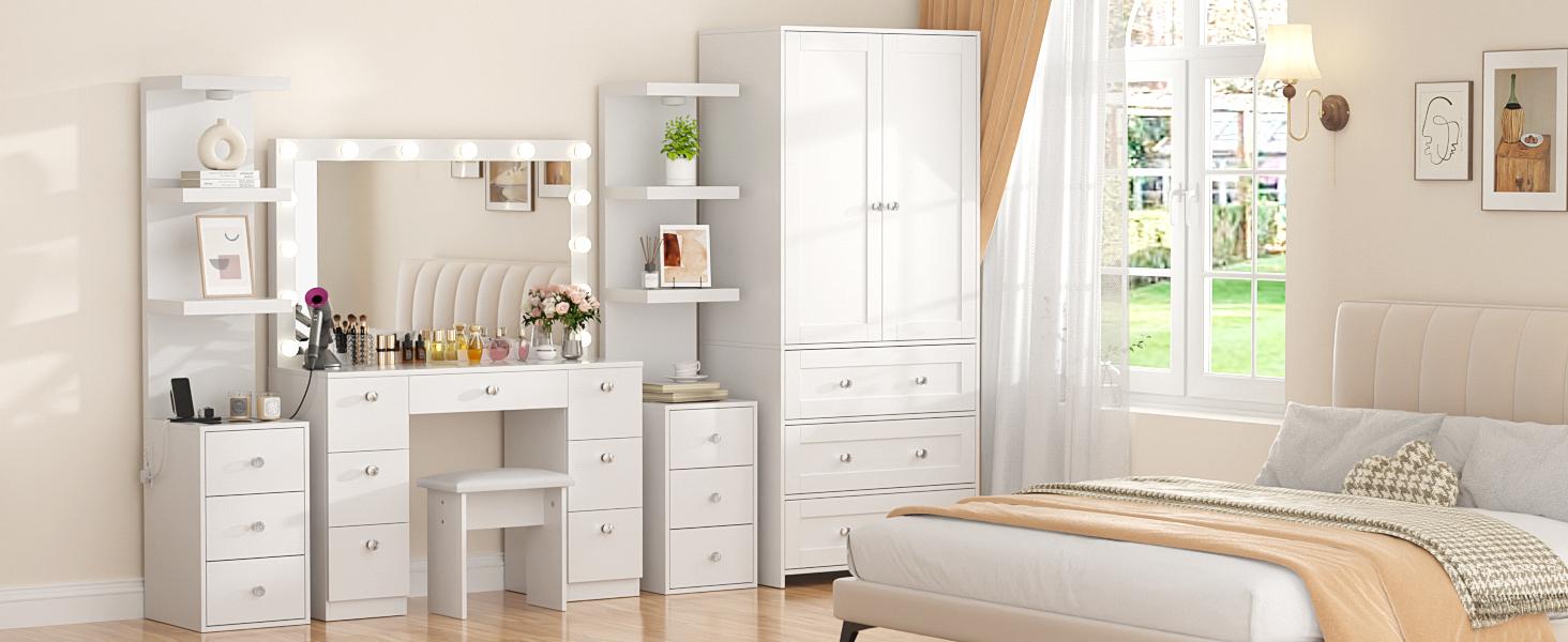 VOWNER Armoire Wardrobe Closet with Drawers and Mirror, 71" Clothing Storage Cabinet with Hanging Rod, 2 Doors Wooden Wardrobe Cabinet for Bedroom, Large Capacity Storage