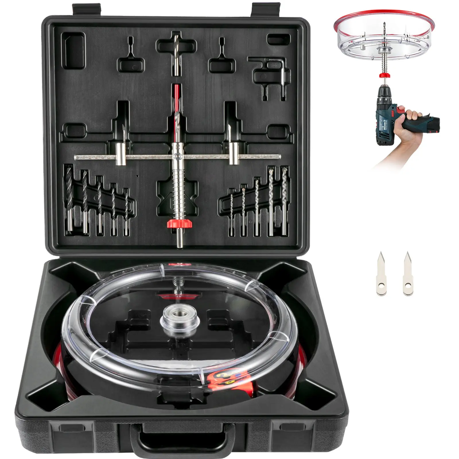 VEVOR Adjustable Hole Saw Cutter Kit, 1-5/8 to 11-13/16 (40-300 mm), Recessed Hole Saw with PC Dust Shield, Two Replaceable Pilot Drill Bits, for Recessed Lights, Ceiling Speakers, Vent Holes