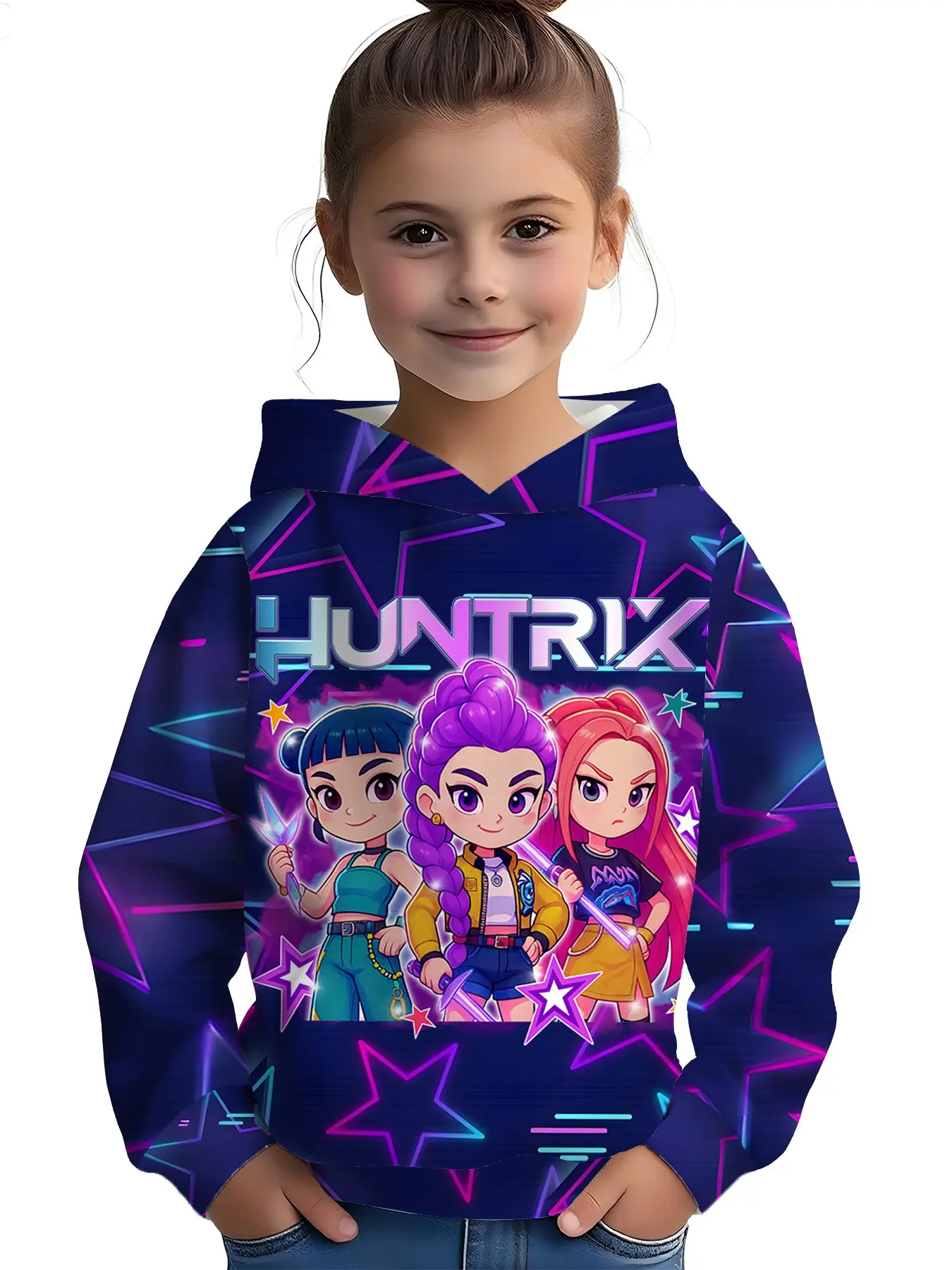Girls' Hooded Sweatshirt, Navy Neon Geometric Q Version Print, Anime Cartoon Long Sleeve Pullover, Perfect for Christmas Gifts