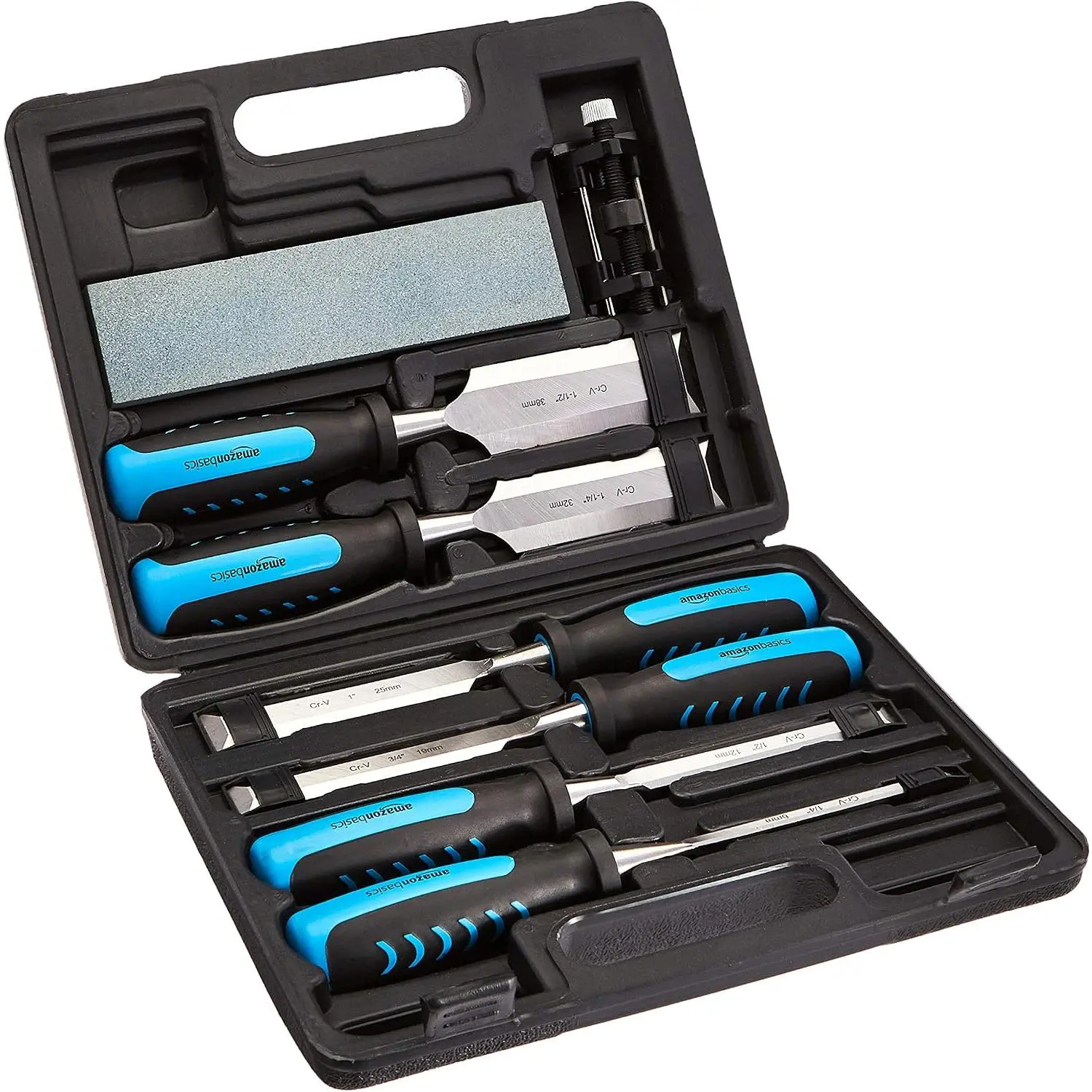 8-Piece Wood Chisel Set for Woodworking, with Honing Guide, Sharpening Stone and Case, 1/4" - 1-1/2"