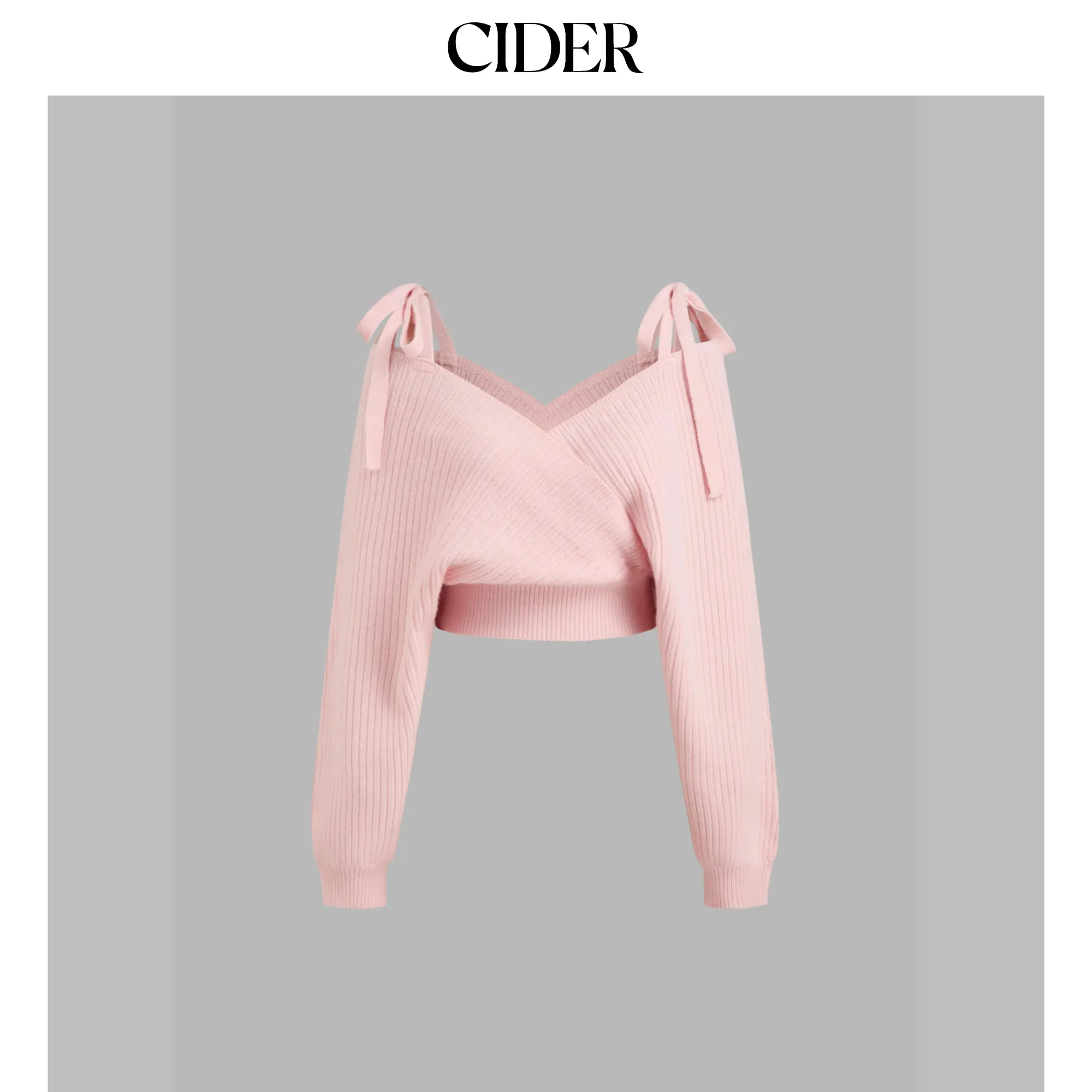 Women's Cider Solid Knit V-Neck Knotted Wrap Oversized Crop Sweater (Sizes 2-10)