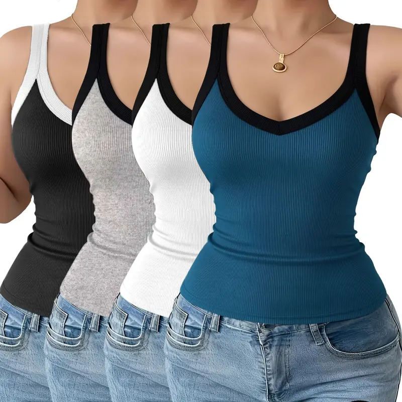 An elegant, form-fitting, ribbed V-neck tank top featuring a stylish color-block design. Versatile and perfect for gifting, this casual knit top is ideal for layering or everyday wear—suitable for both summer and autumn.