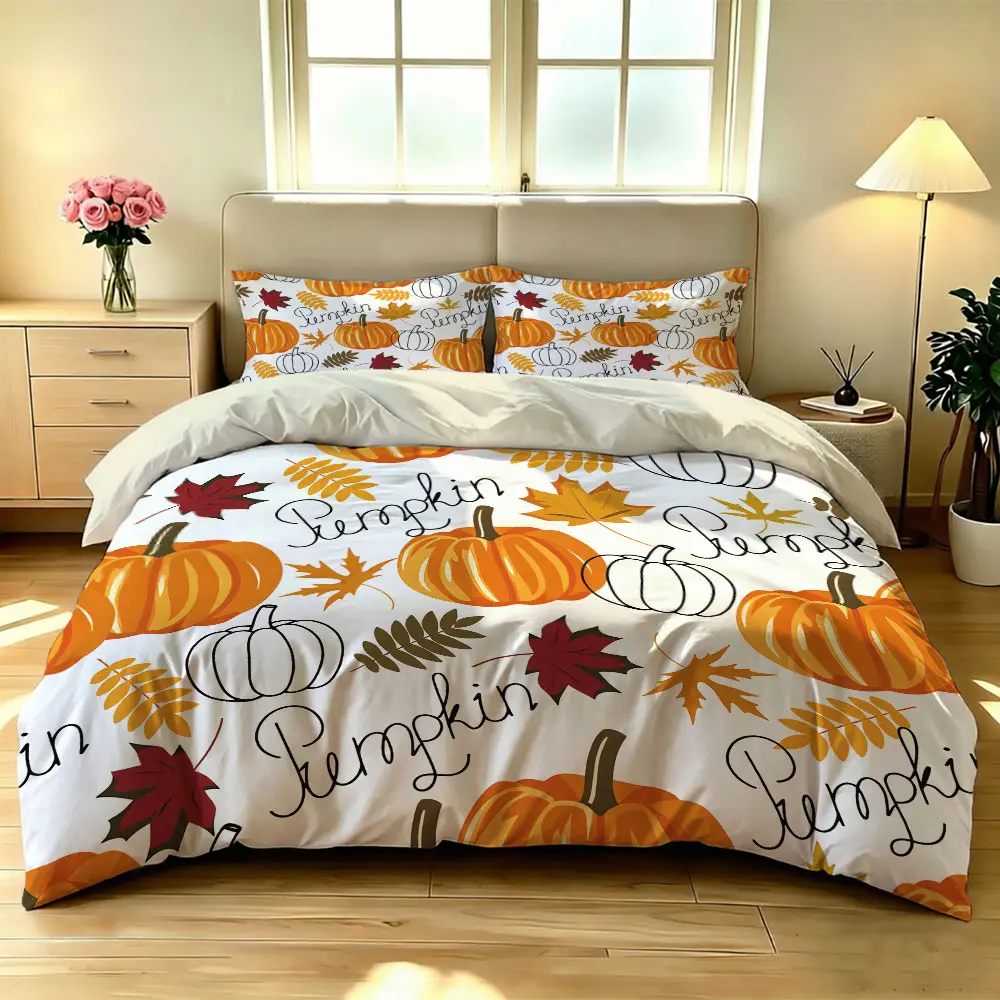 3-piece bedding set (1 duvet cover + 2 pillowcases, no insert) with orange pumpkin and maple leaf print, Decorative bedding set, a soft and comfortable bedding set suitable for all rooms and all seasons. A lovely room decorating gift.