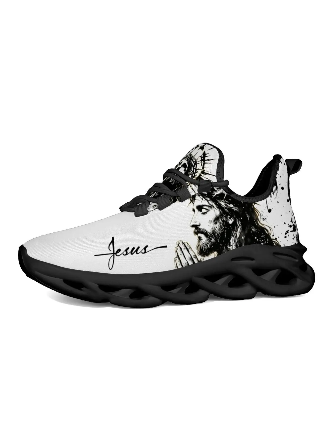 Spiritual Faith Aesthetic Watercolor Jesus Praying Figure Thorn Crown Ink Splatter Pattern Chunky Sneakers for Men Women, Inspirational Religious All Over Print Mesh Shoes, Soft Non-Slip Fashion Footwear for Daily Church Casual Faith Gift Outfits