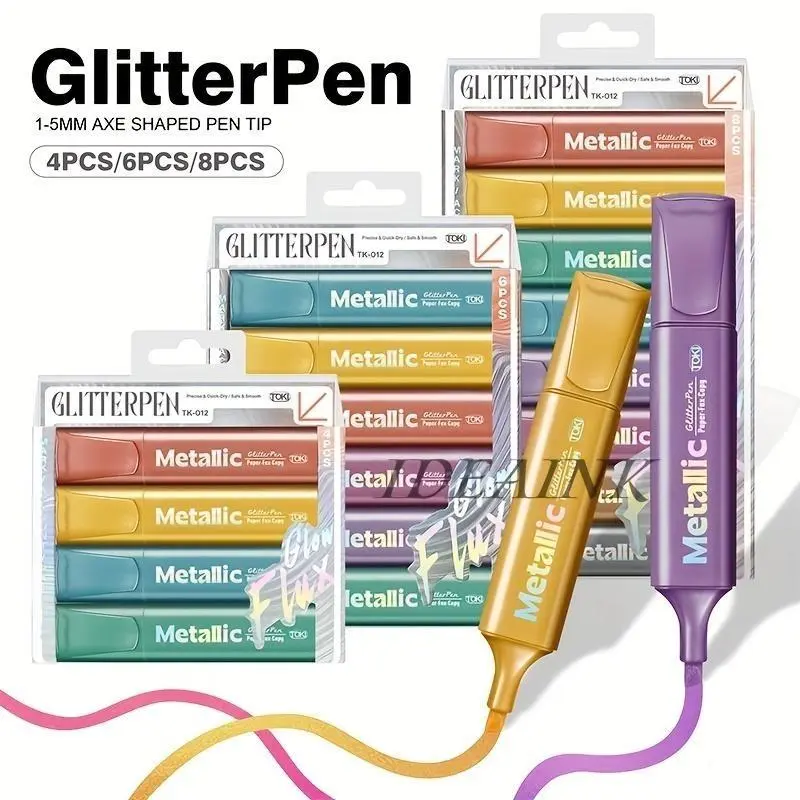 【Back to School】Metallic Highlighter Markers, 4-Color Set (Essential Combo) & 8-Color Set (Best Value Bundle), 4pcs/8pcs/4-6-8 Packs Options, Quick-Dry Non-Toxic Pearlescent Ink, Dual Chisel Tips, for Journal, Art Projects, Cards