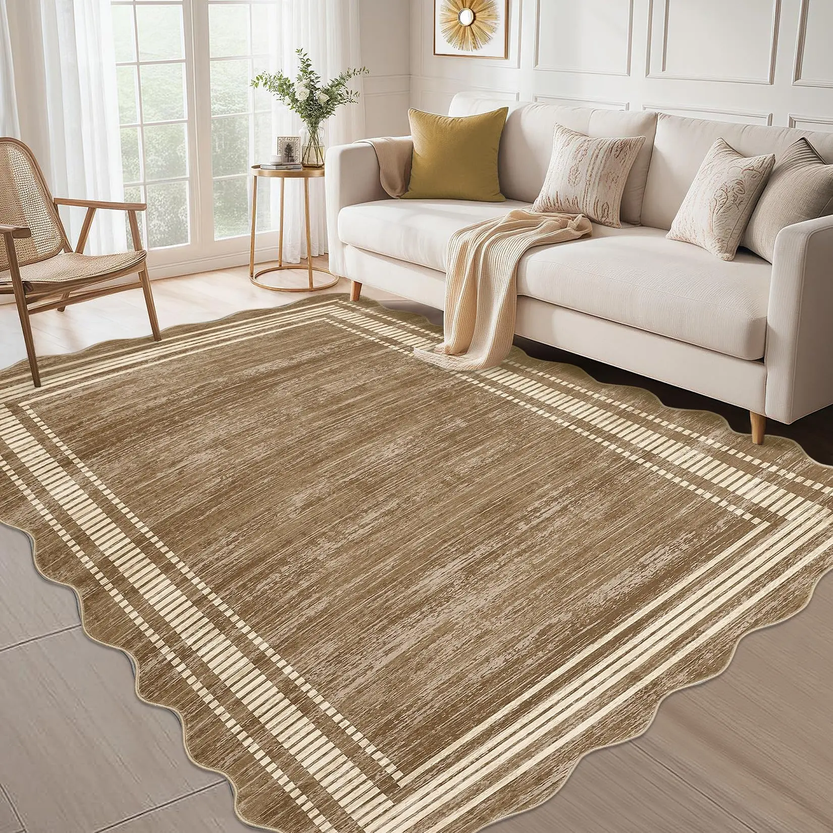 GARVEEScalloped 5x7 Rugs Washable Area Rugs for Living Room, Modern Bordered Solid Rug for Bedroom, Abstract Scalloped Non-Slip Stain Resistant Carpet for Dining Room Home Office Dorm,Brown