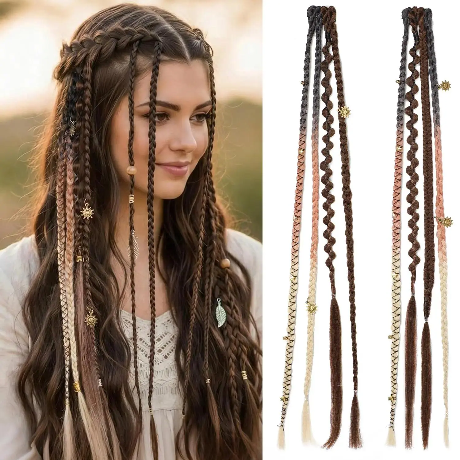 Boho Dreadlock Clip-In Hair Extensions - 16" 20" Synthetic Braided Locs with Beads & Charms, Dark Chocolate & Copper Cosplay Daily Hairpiece for Women