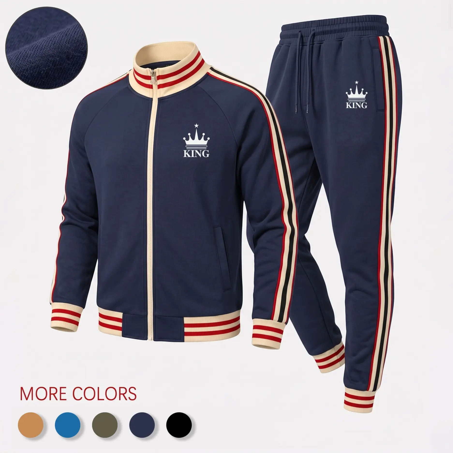 Men’s KING Crown Graphic Tracksuit Set, Retro Stripe Zip Stand Collar Jacket and Drawstring Jogger Pants, Casual Athletic Two-Piece Streetwear Outfit for Travel, Workout, Walking and Daily Wear