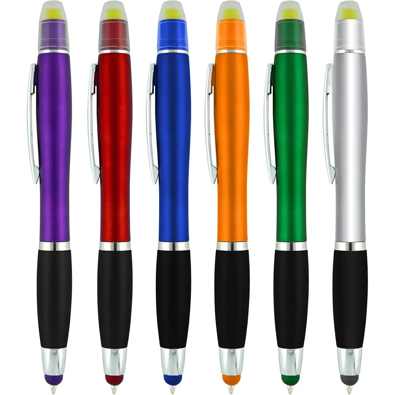Highlighter with Pen and Stylus for Touchscreens, 3 in 1 Combo,  Yellow Highlighters,  Black Ballpoint Ink, Wax Gel Highlighters, Multi-Color , Pack of 6