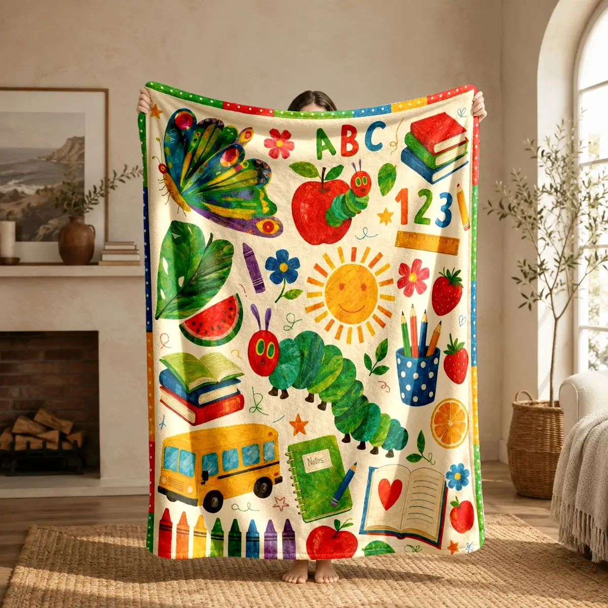 Soft Hungry Caterpillar Abc Cartoon Print Flannel Blanket, Warm and Comfortable, Ideal Gift for Home and Travel