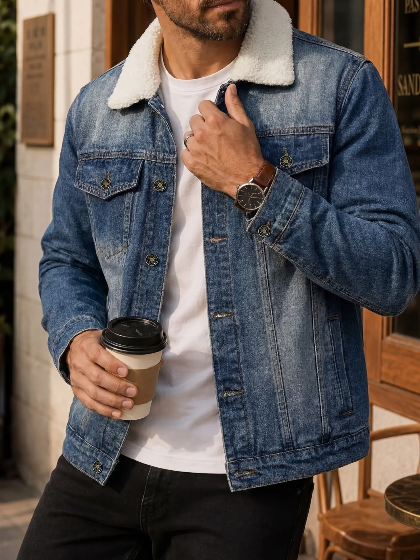 Men's classic denim jacket, plush lapel single breasted design, metal button details, American trend tough guy style casual denim jacket Coats