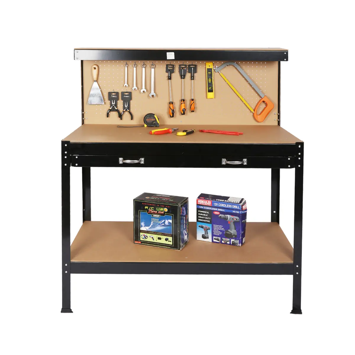 300lb Capacity Steel Garage Workbench with Tool Storage Pegboard Kit, Drawer Handles, Drawer & Bottom Shelf, Sturdy Frame for Workshop Tasks & Home Use