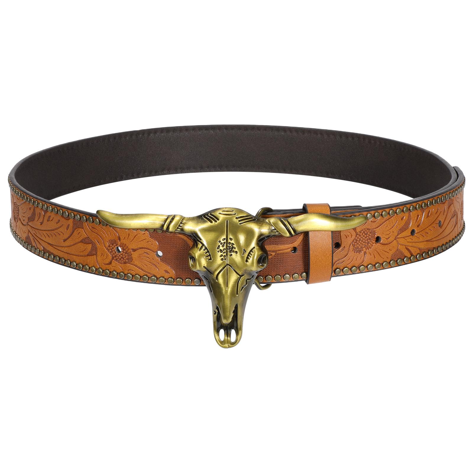 XZQTIVE Western Cowboy Cowgirl Belt for Men and Women Engraved Floral Longhorn Bull Cow Skull Western Leather Buckle Belt for Men Women Floral Engraved Cowboy Belt for Jeans Longhorn Bull Buckle Waist Belt,L Western Brown Leather Print Belt with Buckle