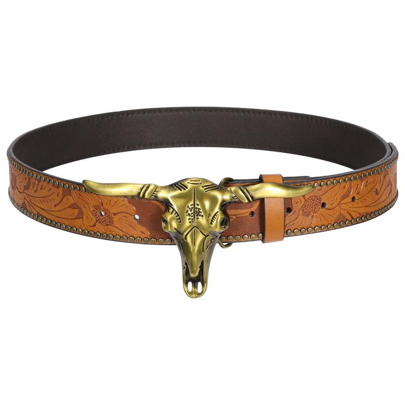 XZQTIVE Western Cowboy Cowgirl Belt for Men and Women Engraved Floral Longhorn Bull Cow Skull Western Leather Buckle Belt for Men Women Floral Engraved Cowboy Belt for Jeans Longhorn Bull Buckle Waist Belt,L Western Brown Leather Print Belt with Buckle