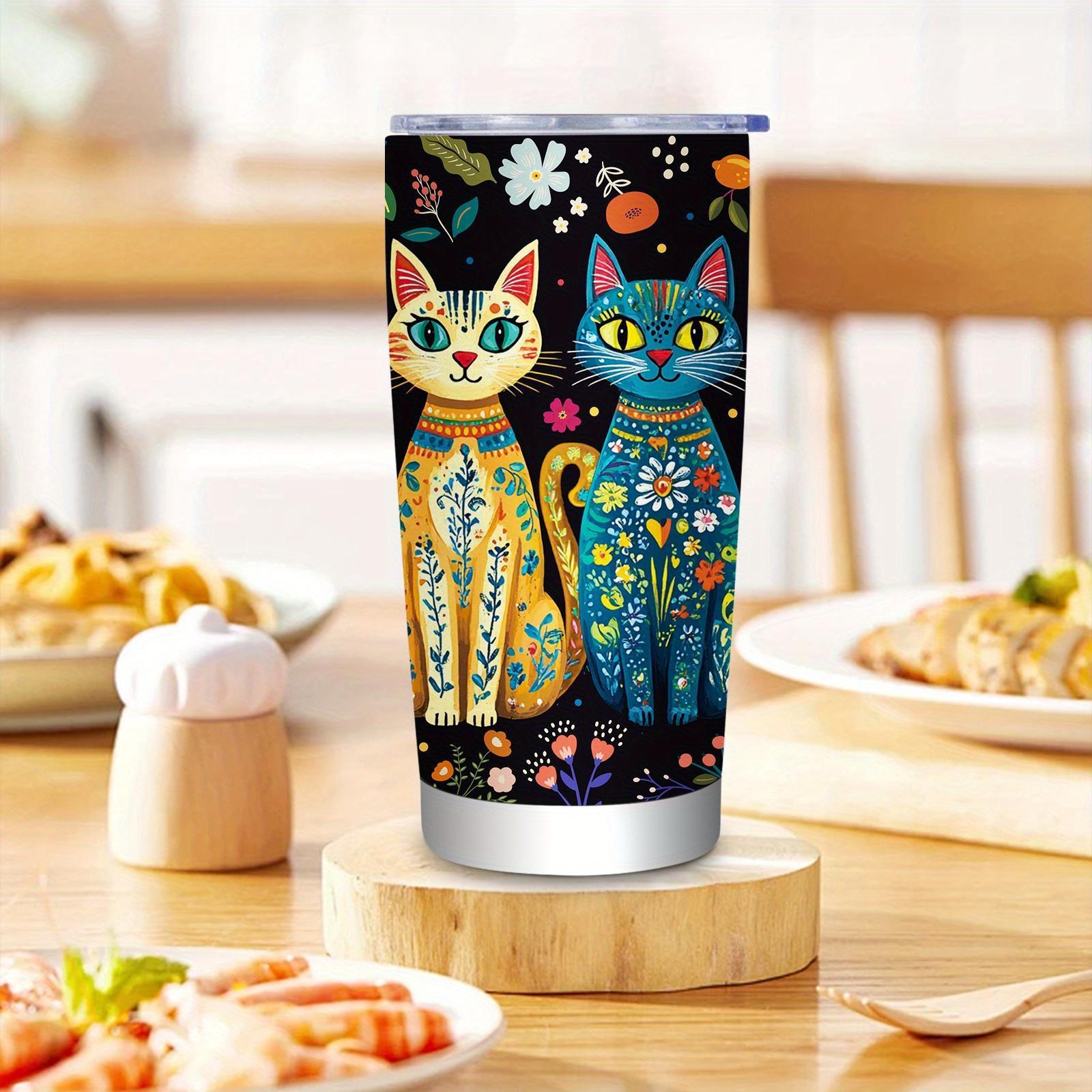 [Reusable Cat Lover Tumbler] 1pc Reusable Cat Lover Tumbler with Straw and Lid, Black and Colorblock Cat Design, Home and Outdoor Use, Holiday Gift for Men and Women. Christmas, Ideal Birthday Gift for Friends