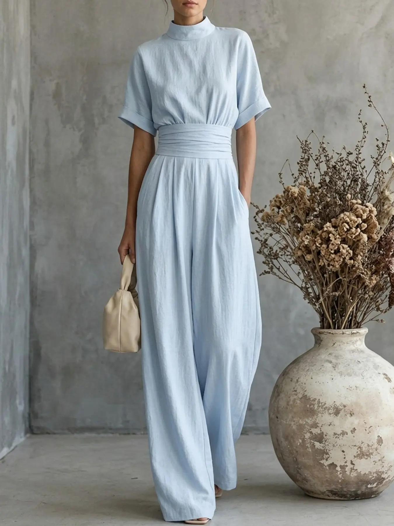 Women's High-Waisted Short Sleeve Solid Color Wide Leg Romper, Spring Summer Fashion Basic Chic Casual Comfortable Elegant Romper, Ideal for Daily Commute Dating Vacation Parties Everyday
