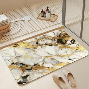 White Black Gold Vein Marble Diatomaceous Earth Bath Mat, Non Skid Quick Dry Machine Washable, Modern High-End Luxury Bathroom Shower Floor Mat