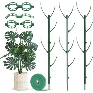 Plant Support Stakes, 6 Pcs Stackable Plant Support Poles with 20 Clips, 1 Roll Tie for Indoor Outdoor Monstera Climbing Plants, Green