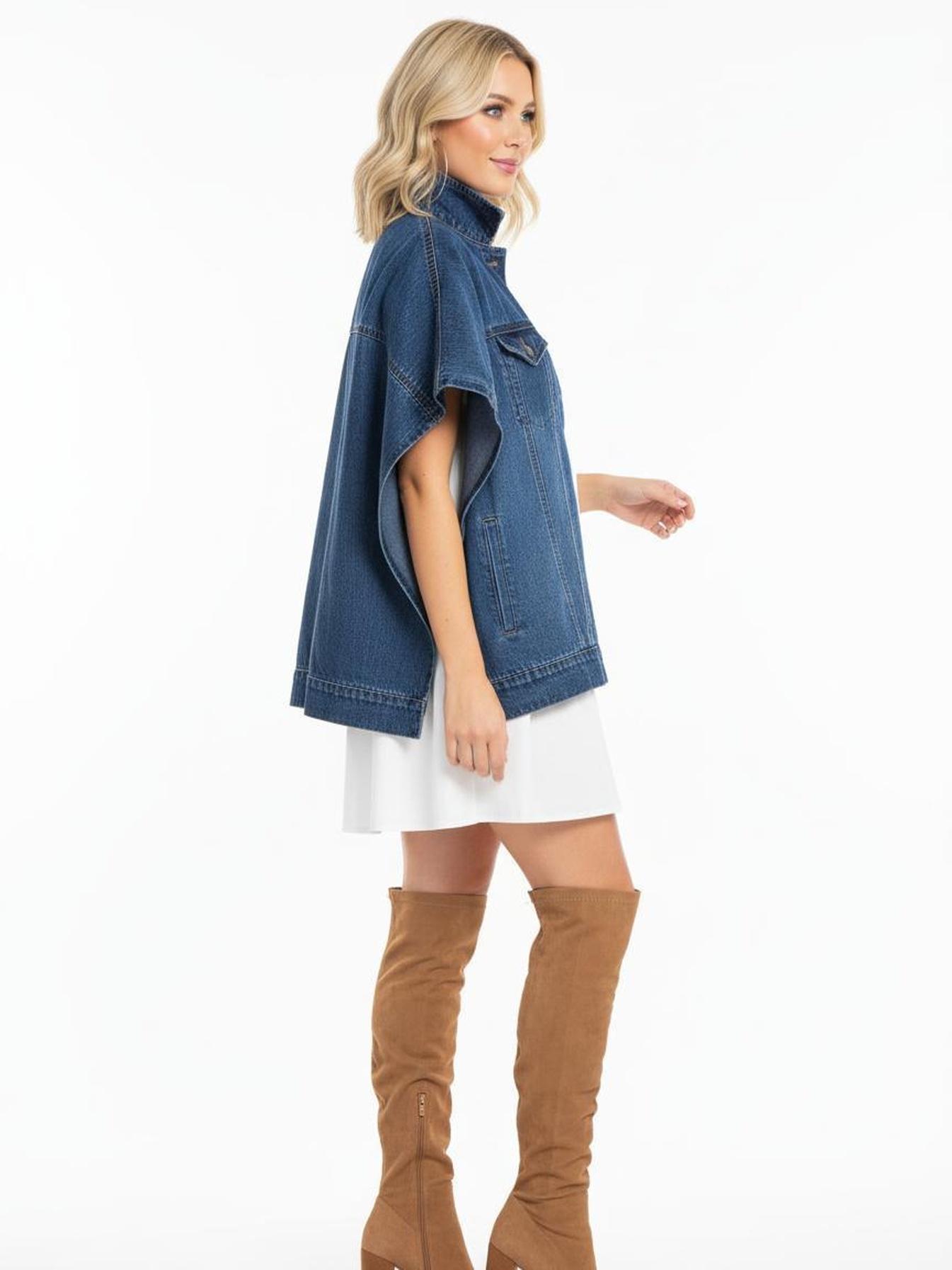 Women's Denim Cape Jacket Button Front Jean Poncho Coat with Pockets Casual Outerwear Women's Denim Cape Jacket Button Front Jean Poncho Coat with Pockets Casual Outerwear