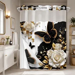 1 Piece No Hook Double Layer Shower Curtain, Decorative Shower Curtain, Black Gold Rose & Butterfly Print Bath Curtain, Waterproof, Mildew Resistant, Durable Fabric, Home Decor, Removable Liner, Top See-Through Window, 71"×74