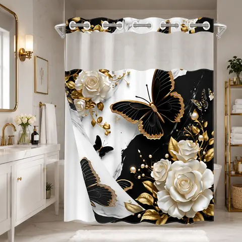 1Pc Hookless Double Layer Shower Curtain With Snap-In White Liner, Black Gold Butterfly Rose Marble Print, Top See-Through Mesh Window, Waterproof Washable Fabric, Glam Bathroom Decor For Apartment Guest Bath RV