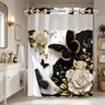 1Pc Hookless Double Layer Shower Curtain With Snap-In White Liner, Black Gold Butterfly Rose Marble Print, Top See-Through Mesh Window, Waterproof Washable Fabric, Glam Bathroom Decor For Apartment Guest Bath RV