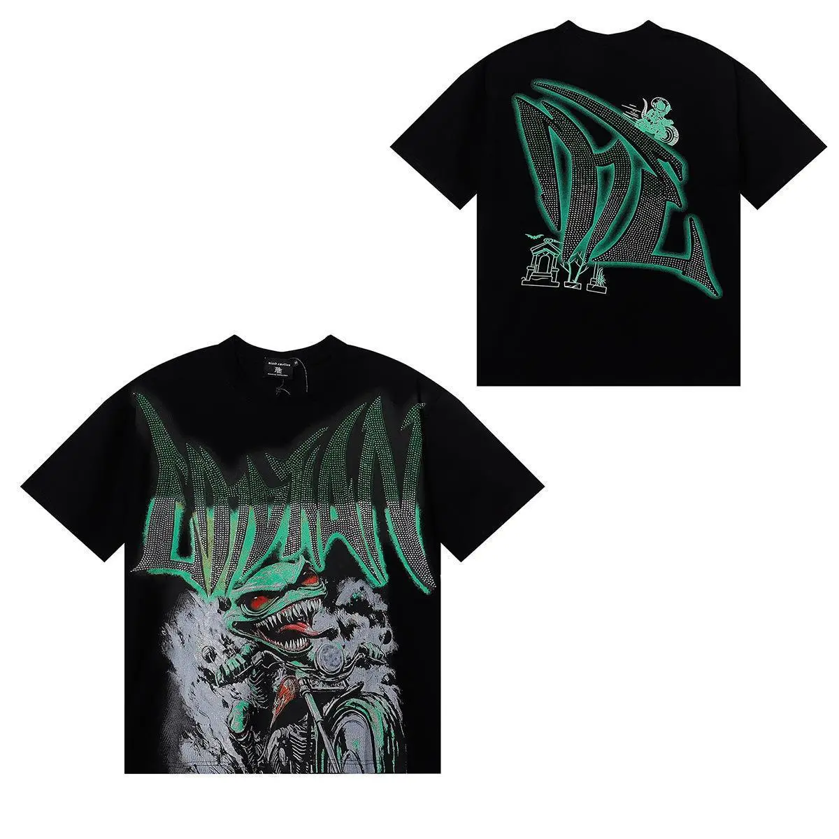 Mixed Emotion Cherub Angel Rhinestone Graphic T-Shirt Gradient Gothic Logo Vintage Streetwear Oversized Y2K Hip Hop Tee