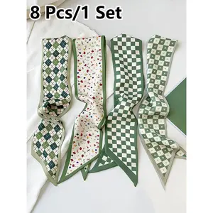 8 Pcs / 1 Set Elegant French Style Polyester Scarf Set, Women and Girls, Vintage Hairband, Woven Ribbon, Multifunctional Scarf, Floral Print Scarf, Bag Accessories, Floral Headscarf