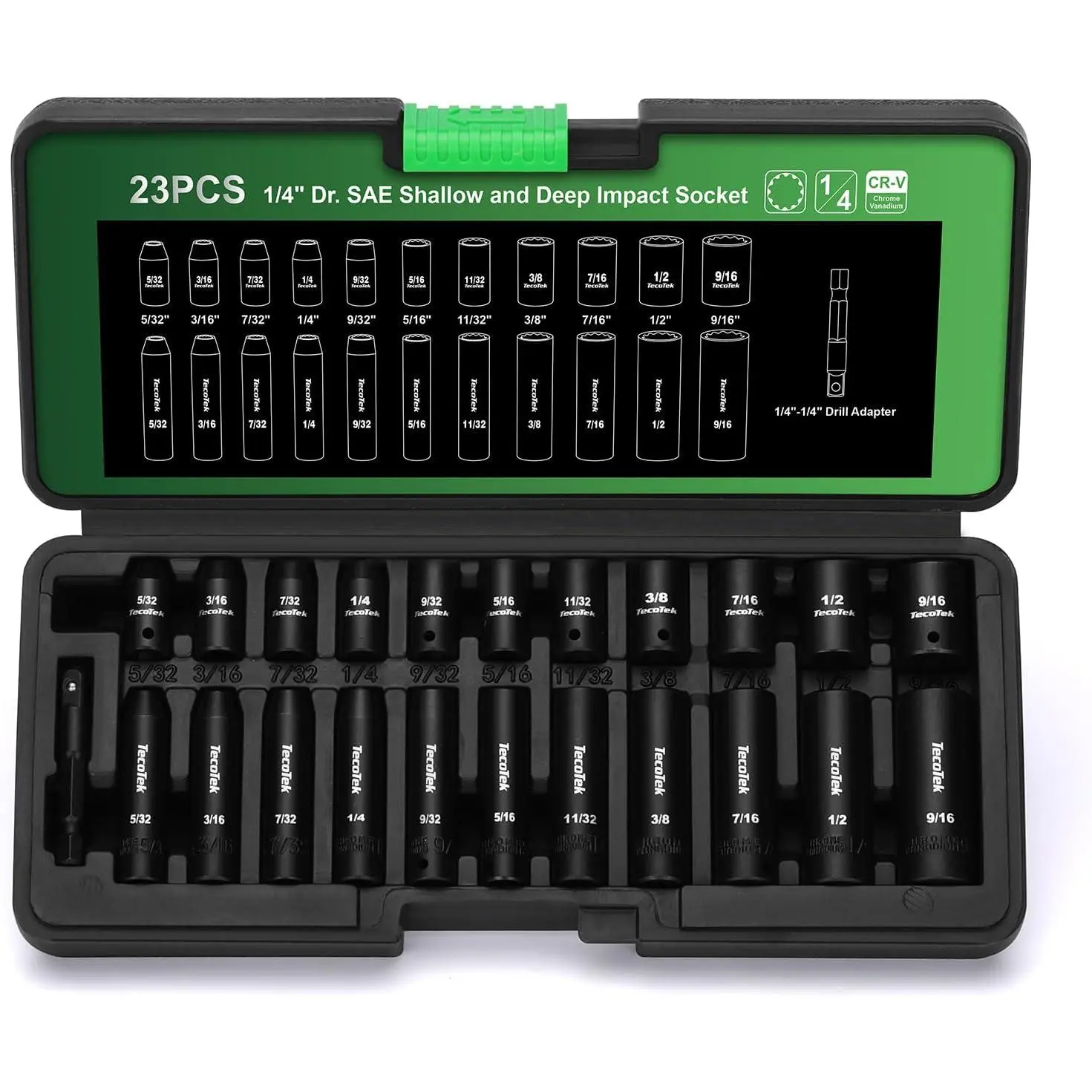 23 count 1/4-Inch Drive Shallow and Deep 12-Point  Socket Set, CR-V, 5/32 to 9/16 in, SAE, 1/4"-1/4" Drill Adapter