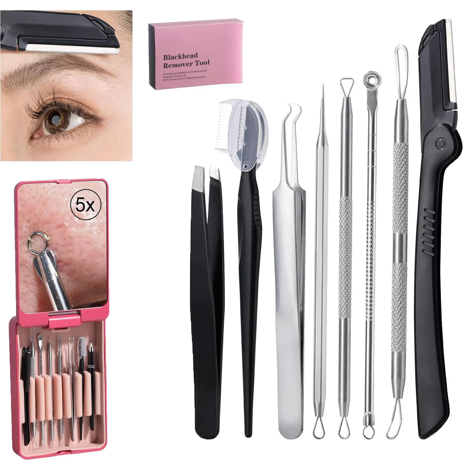 8-in-1 Blackhead Remover and Acne Comedone Extractor Kit, Multi-Purpose Stainless Steel Facial Blemish Removal Tool Set with 5X Magnifying Mirror, Professional Eyebrow Trimmer Grooming Kit for Daily Skin Care