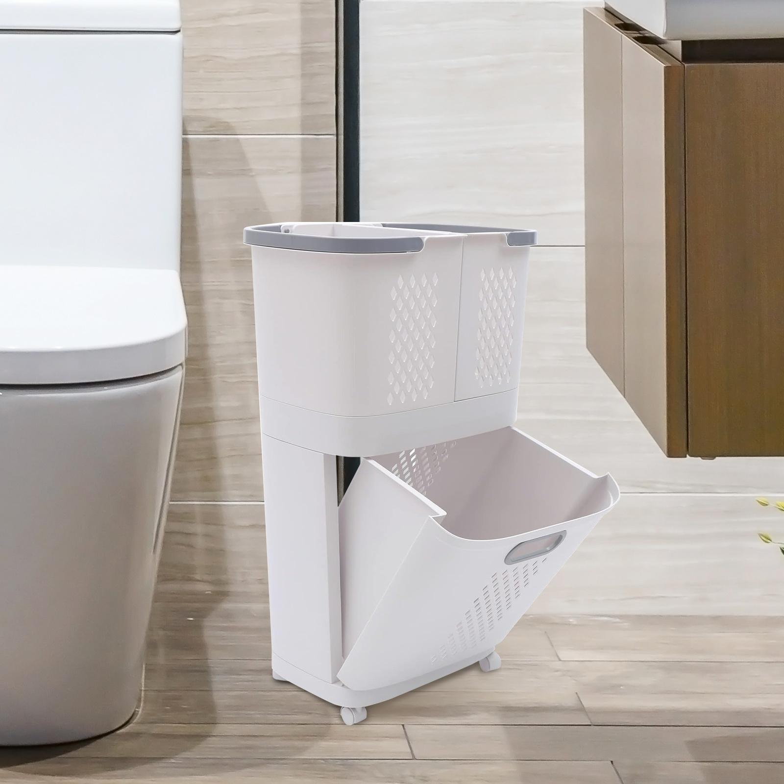 Removable Household Laundry Basket with Wheels, Bathroom Laundry Basket, 2-Layer Rolling Laundry Basket White