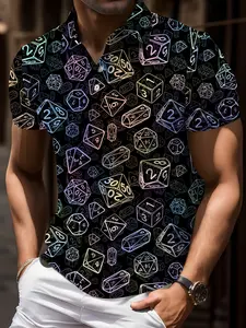 Men's DND Dice 3D Print Short Sleeve Polo Shirt Colorful Rainbow Polyhedral Dice Pattern Golf Polo Dungeons Dragons Game Lover Casual Collared Tee