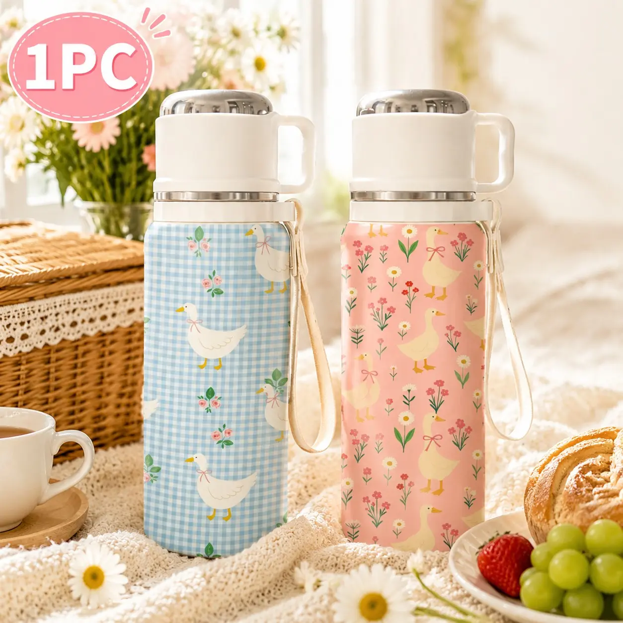 1 PC 20oz Cute Plaid Duck Floral Insulated Water Bottle with Handle, Stainless Steel Vacuum Tumbler, Double Wall Leakproof Travel Coffee Cup, Portable Reusable Drink Bottle for Women, Office, School, Gym, Outdoor, Aesthetic Gift