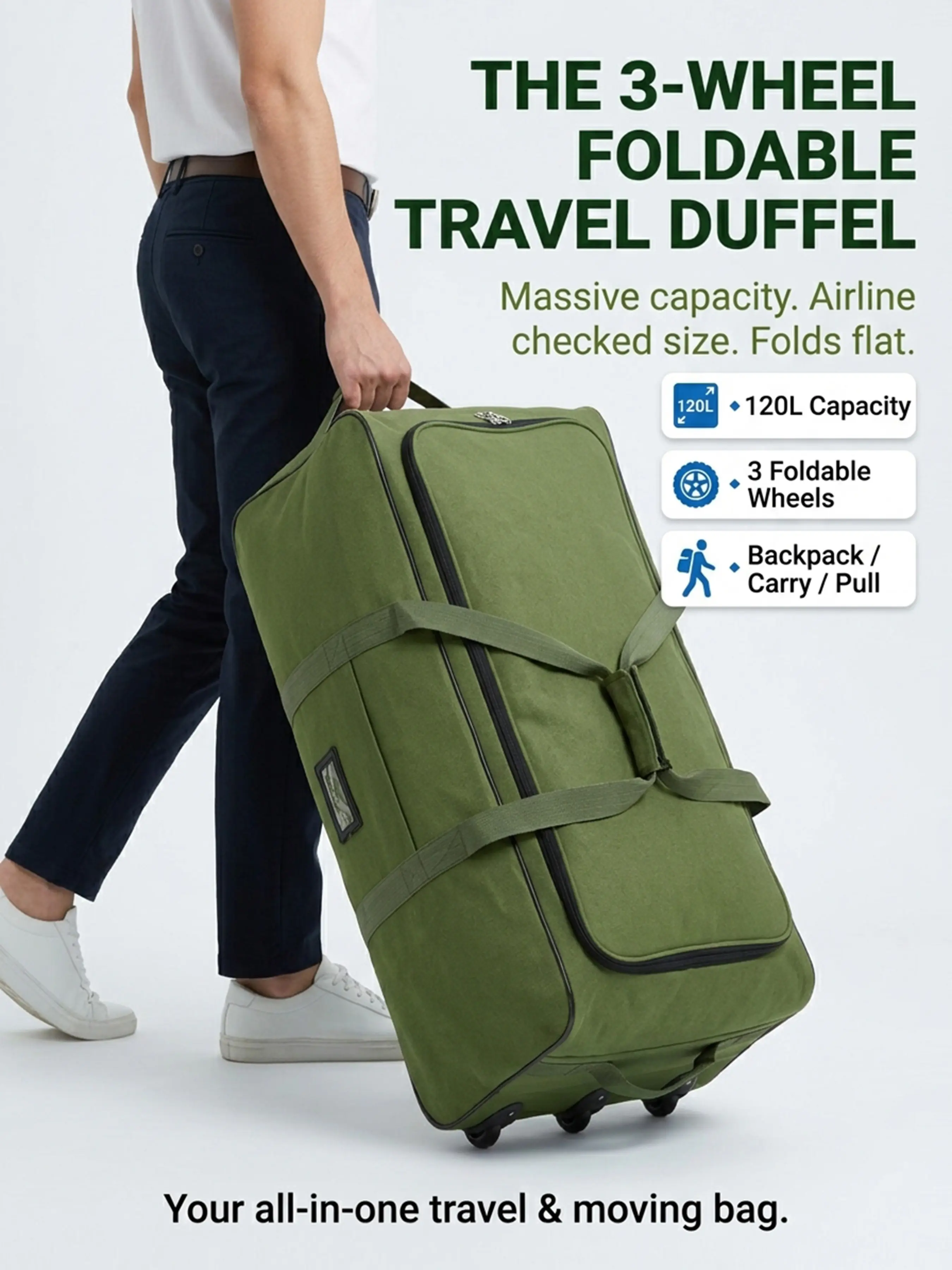 Durable Canvas Travel Bag with Three Wheels, Foldable Large Capacity Luggage, Multi-Functional Overnight Bag, Rolling Duffel Bag, Ideal for Moving and Studying Abroad