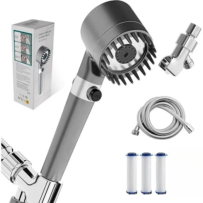 Filtered Handheld Shower Head with High Pressure, 3 Spray Modes, ON/OFF Switch, Power Wash for Bathroom Cleaning, Stainless Steel Hose, Bracket, Cotton Filters & Massaging Brush, Shower Heads