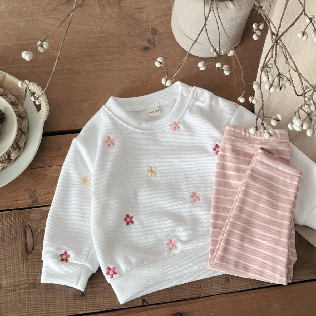Spring Autumn Baby Two Piece Set Colorful Flower Embroidery White Sweatshirt + Pink Striped Loose Long Pants Toddler Outfit