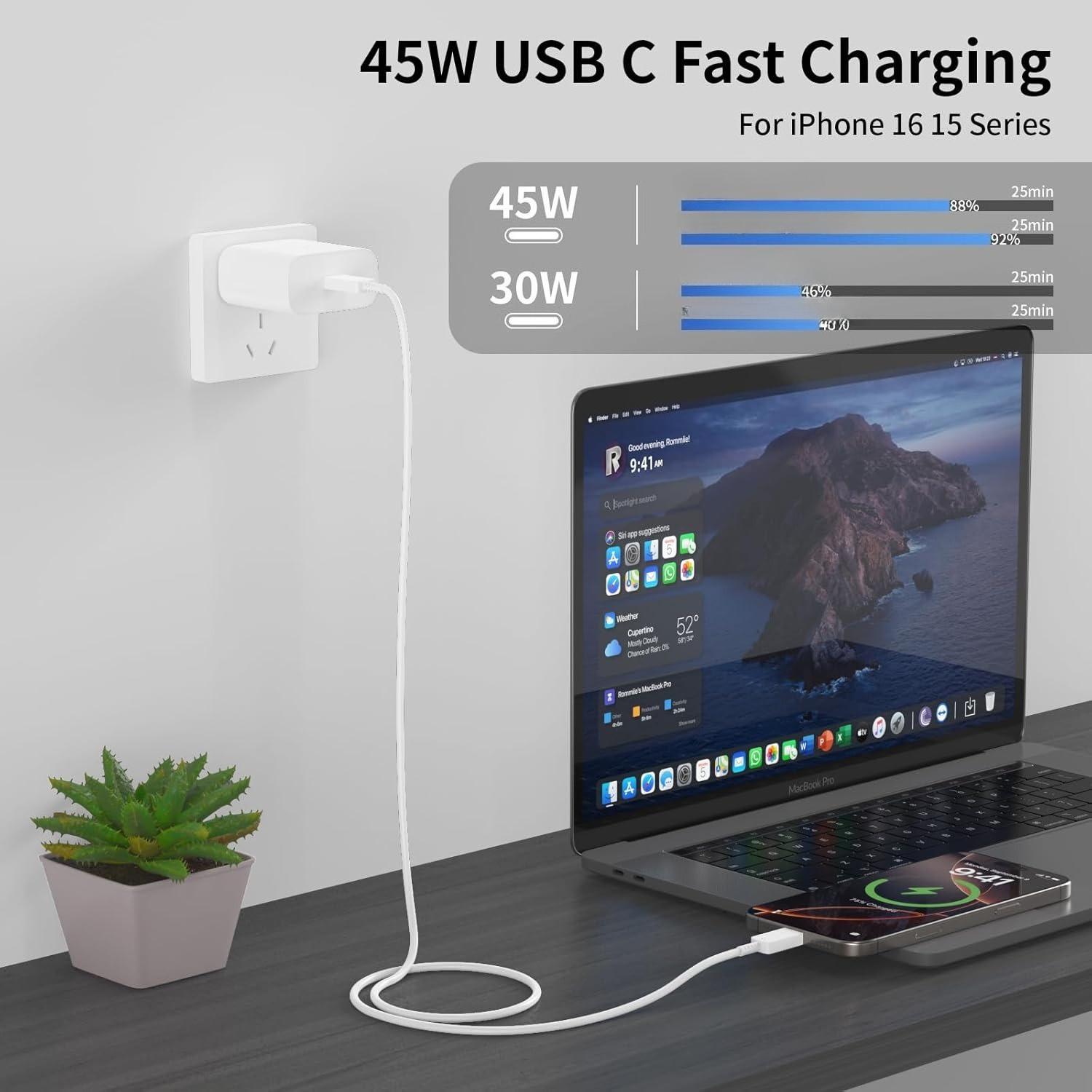 3/2/1 Pack 45W USB C Fast Charging Wall Charger Block with 10FT USB C to USB C Charger Cord for iPhone 16/16 Plus/16 Pro/16 Pro Max/15/15 Plus/15 Pro Max/iPad & More