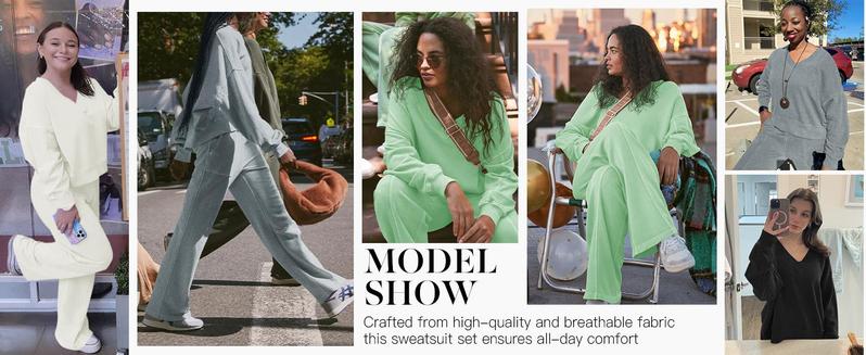 PASLTER Womens 2 Piece Outfit Lounge Set V Neck Sweatshirt High Waist Pants With Pockets Casual Loose Tracksuits