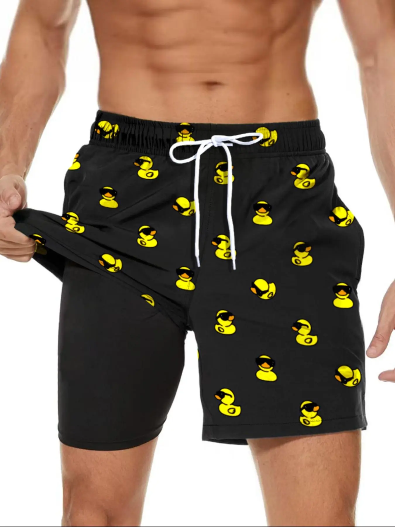Men's Cartoon Duck Print 2 in 1 Drawstring Beach Shorts, Casual Pocket Swim Shorts for Vacation, Men's Swimwear for All Seasons, Swimming Trunks