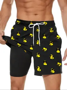 Men's Quick-Dry Beach Shorts with Duck Print, Loose-Fitting Above-The-Knee Swim Trunks, Ideal for Coastal Vacations