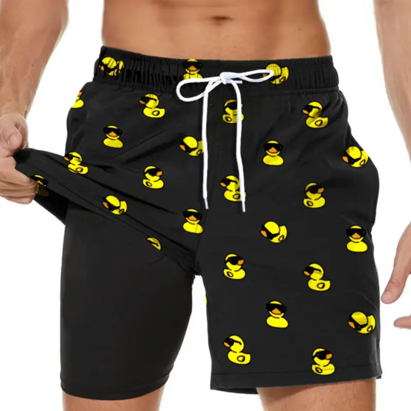 Men's Cartoon Duck Print 2 in 1 Drawstring Beach Shorts, Casual Pocket Swim Shorts for Vacation, Men's Swimwear for All Seasons, Pockets Swimming Shorts