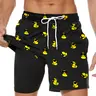Men's Cartoon Duck Print 2 in 1 Drawstring Beach Shorts, Casual Pocket Swim Shorts for Vacation, Men's Swimwear for All Seasons, Pockets Swimming Shorts