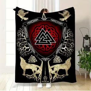 Cozy Viking Valhalla Flannel Blanket, Norse Mythology Celtic Knot Tree of Life Beasts Print, Soft Warm Lightweight Throw for Bed Sofa Camping Travel Gift for Adults and Children, kid Christmas Gift