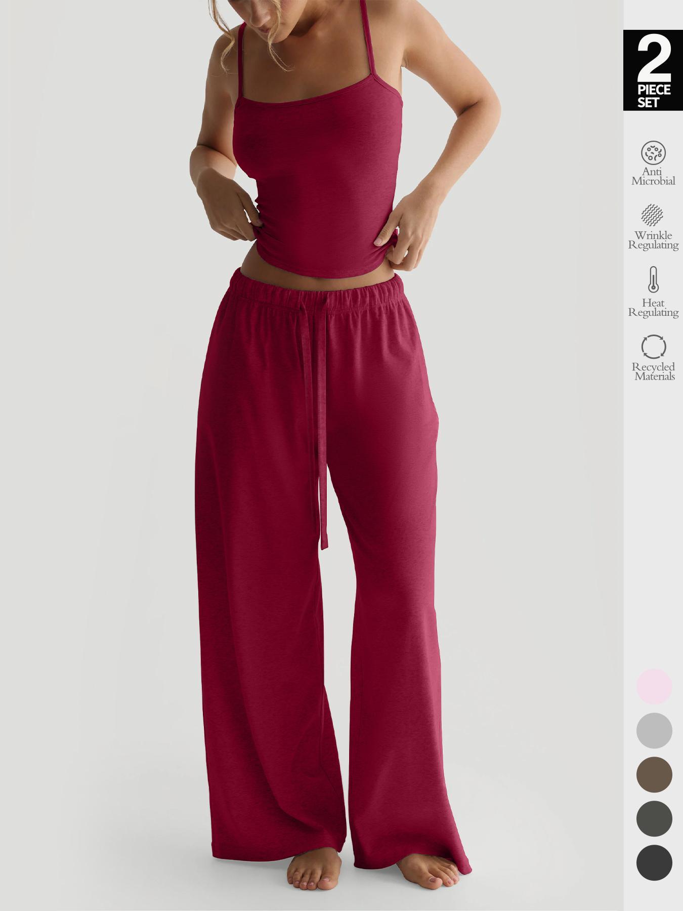 Women's All Seasons Fitted 2-Piece Set, Sleeveless Top & Wide-Leg Pants, Casual Comfortable Sportswear Set with Pockets