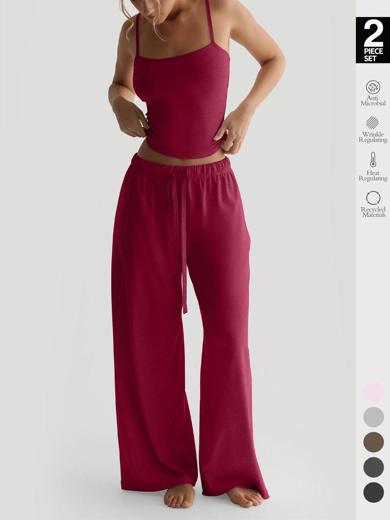 Women's Fall 2-Piece Set, Athleisure Wear Set, Sleeveless Top & Wide-Leg Pants, Casual Comfortable Sportswear with Pockets, All Seasons Fitted