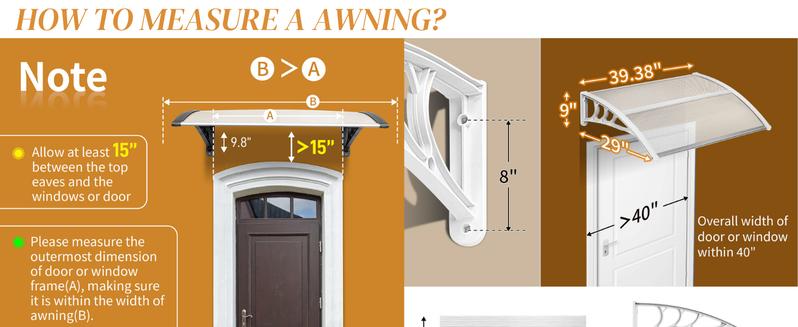 Outvita Window Awning Door Canopy, Polycarbonate Cover Front Door Outdoor Patio Awning Canopy UV Rain Snow Sunlight Protection Hollow Sheet, Brown Board & White Bracket