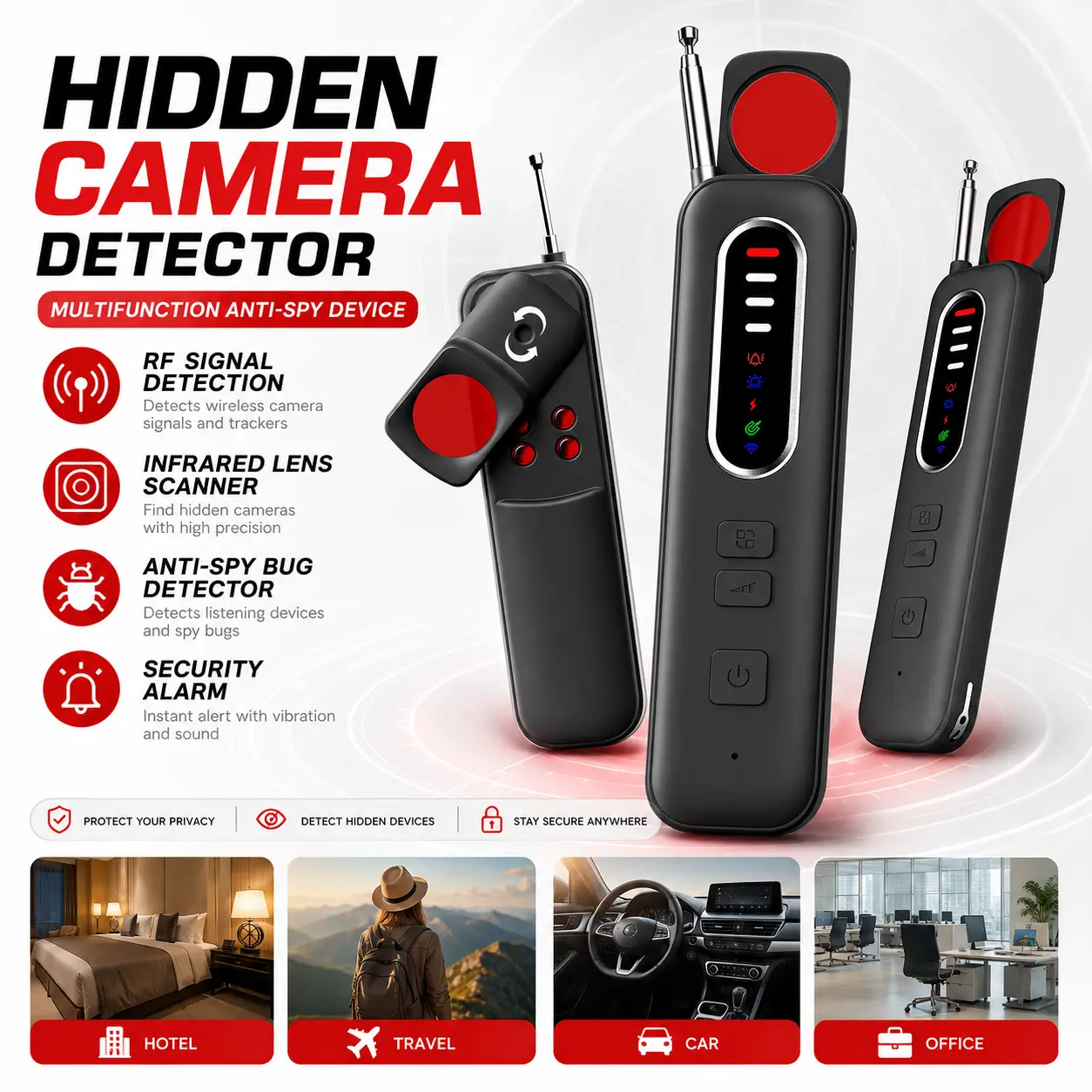 Multifunction Hidden Camera & RF Signal Detector with Infrared Lens Scanner, Anti-Spy Bug Detector and Security Alarm for Hotels, Travel, Cars and Offices
