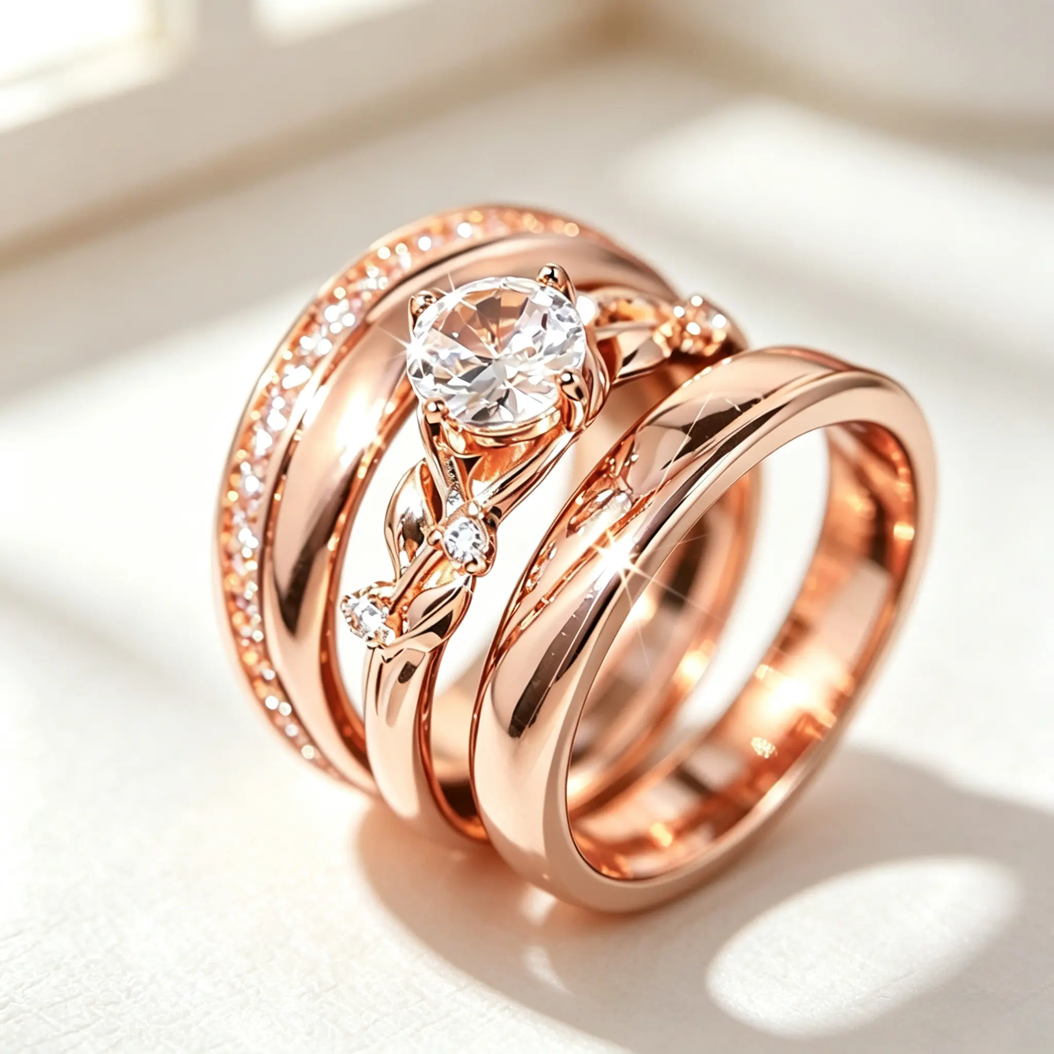 3pcs /set Vintage Twisted Couple Leaf Band Ring Rose Golden Ring Set - Sparkling Promise Rings Party and Evening Accessory wedding band, personalized gift, gift for her, golden rings, mens wedding band, rings for women