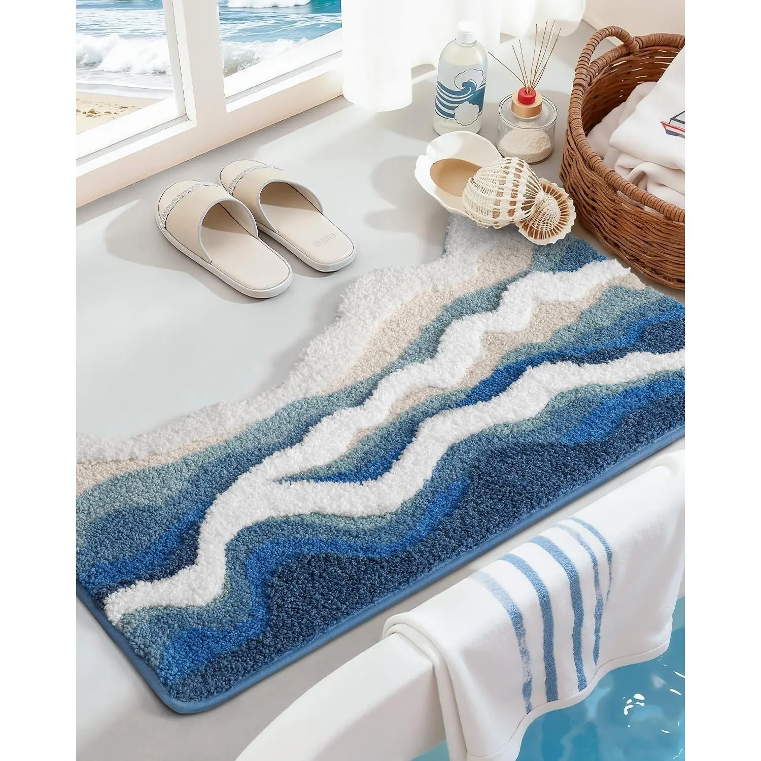 Cute Sea Wave Bath Mat 21x34, Washable Absorbent Microfiber Bathroom Rug with Rubber Backing, Extra Soft Plush Bathmat for Shower Floor, Tub, Sink, Bedroom, Ocean Blue(Gift)