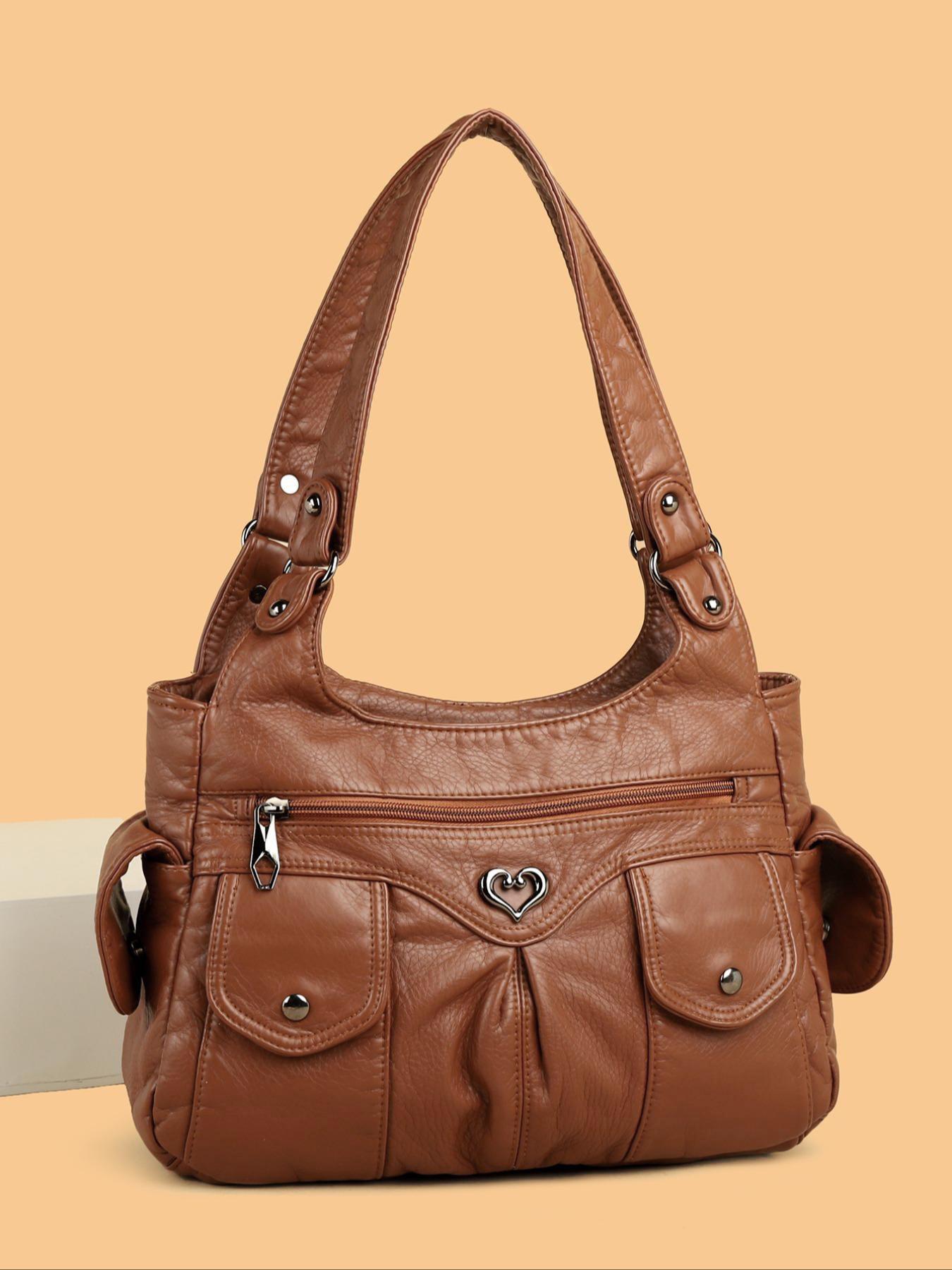 Women's Fashionable Plain Heart Decorated Embellished Shoulder Bag, Casual Large-Capacity for Daily Used, Trendy Versatile Shopping Bag, Hobo Bag